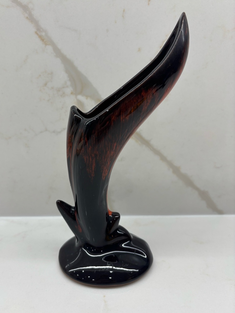 Vintage MCM Ceramic Bird of Paradise Bud Vase Black Red Orange Drip Glaze